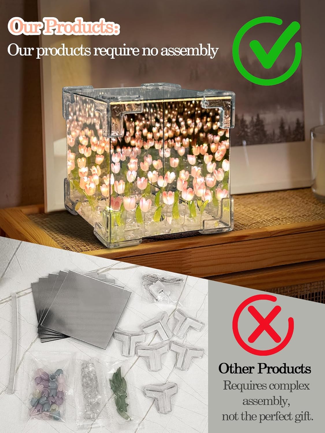 Enchanting 3D Flower Tulip LED Night Light - Stunning Mirror Table Lamp for Bedroom Decor and Perfect Gift